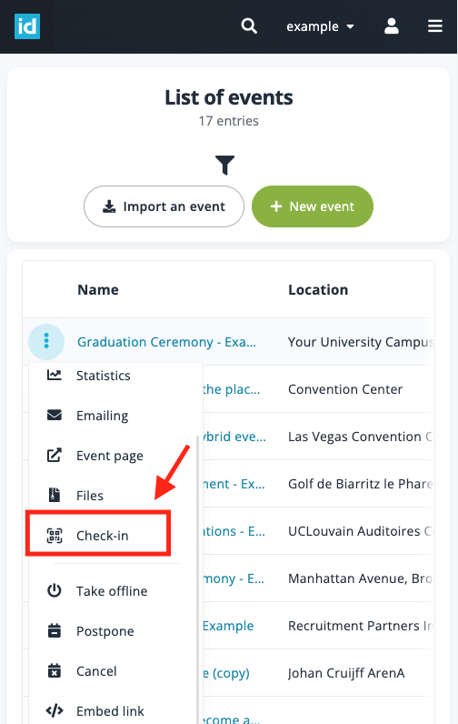 Aperçu du menu check-in depuis la liste des participants