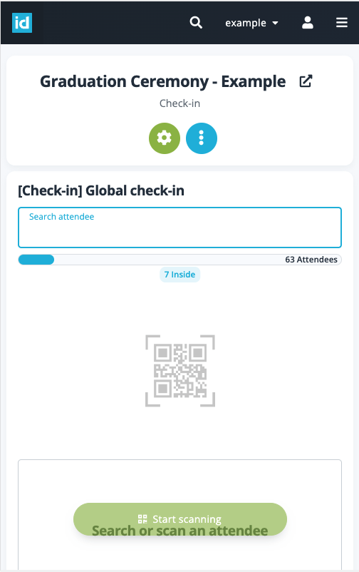 check-in and QR-code scanner screenshot on mobile device