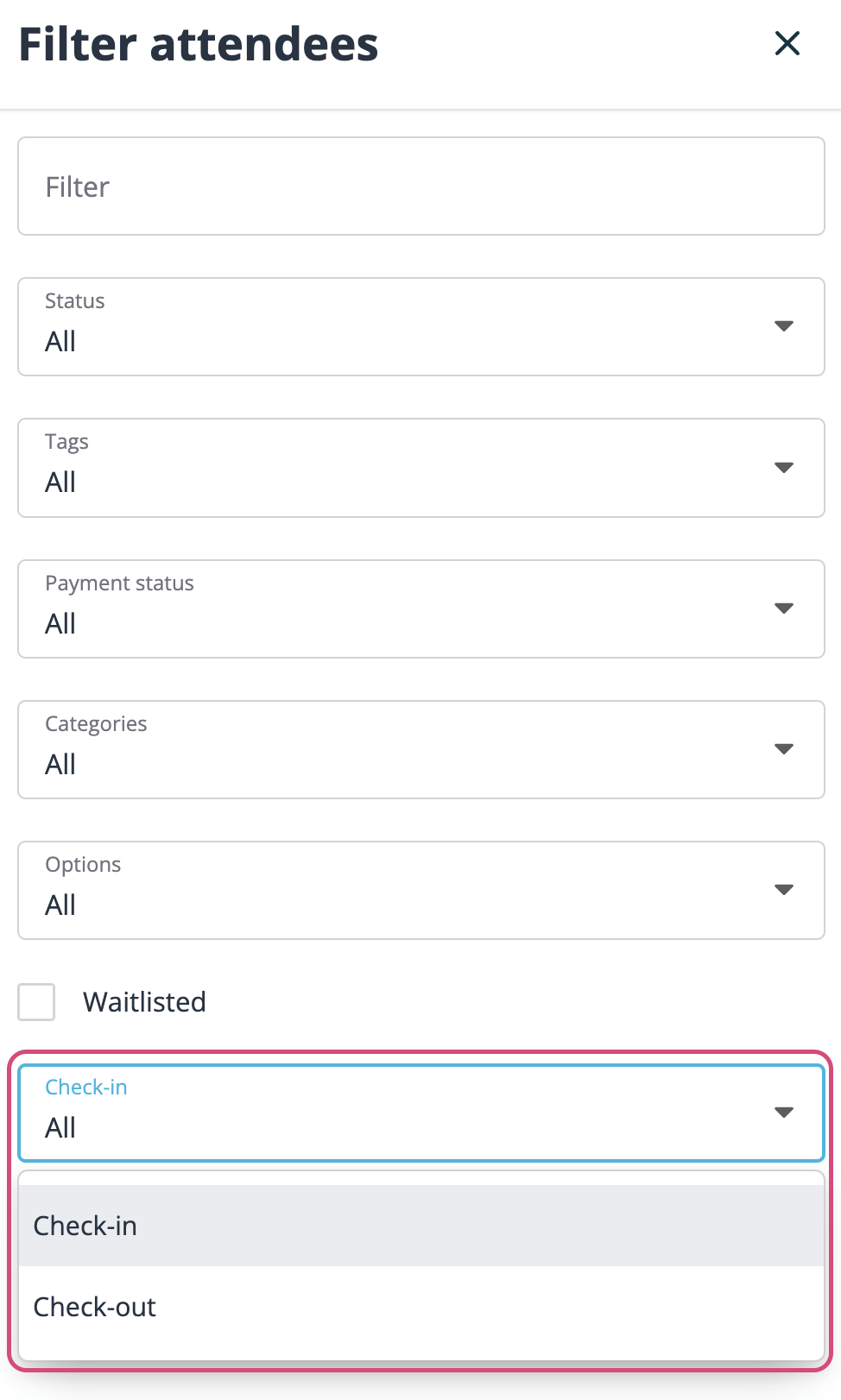 Filter all check-in screenshot